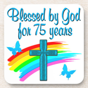 PRETTY BLUE 75TH BIRTHDAY CHRISTIAN DESIGN COASTER