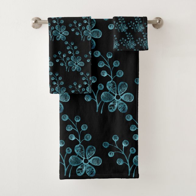 PRETTY BLUE AND BLACK FLORAL BATHROOM TOWEL SET (Insitu)