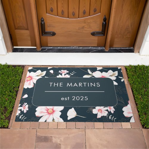 Pretty Blue and Blush Floral Name Est Year Doormat