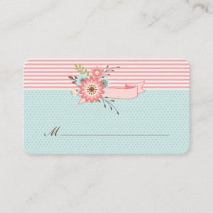 Pretty Blue and Coral Floral Wedding Escort Card