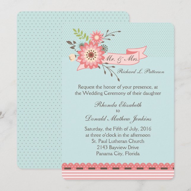 Pretty Blue and Coral Floral Wedding Invitation (Front/Back)