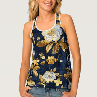 Pretty Blue and Gold Floral Tank Top