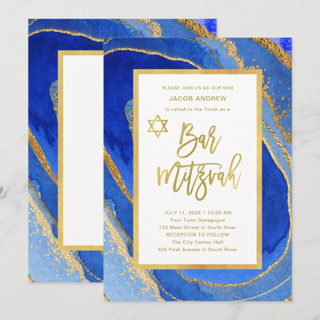 Pretty Blue and Gold Geode | Bar Mitzvah Invitation (Front/Back)