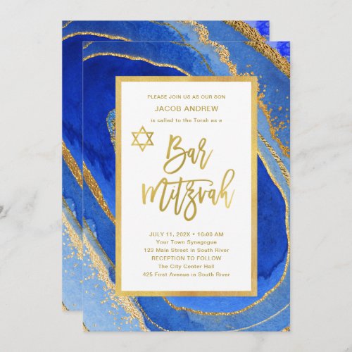 Pretty Blue and Gold Geode  Bar Mitzvah Invitation