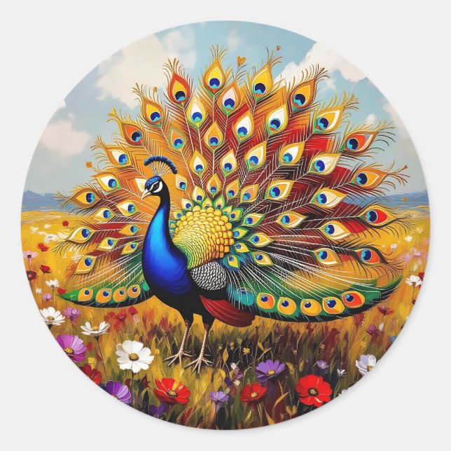 Pretty Blue and Gold Peacock   Classic Round Sticker (Front)