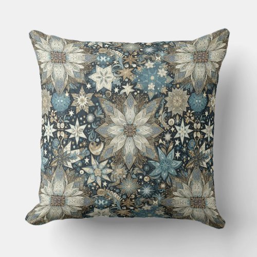 Pretty Blue and Gold Snowflakes Festive Throw Pillow