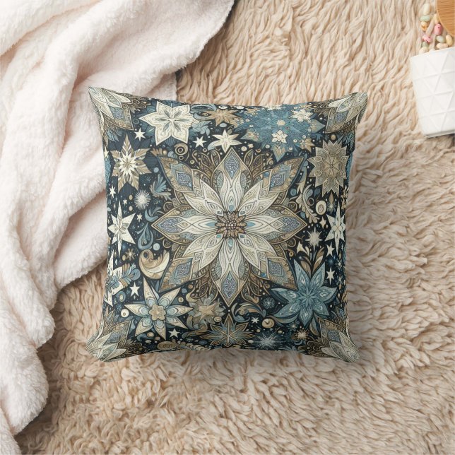 Pretty Blue and Gold Snowflakes Festive Throw Pillow (Blanket)