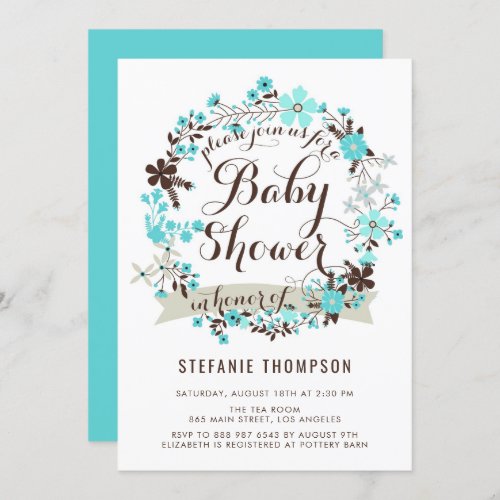Pretty Blue and Gray Floral Wreath Baby Shower Invitation