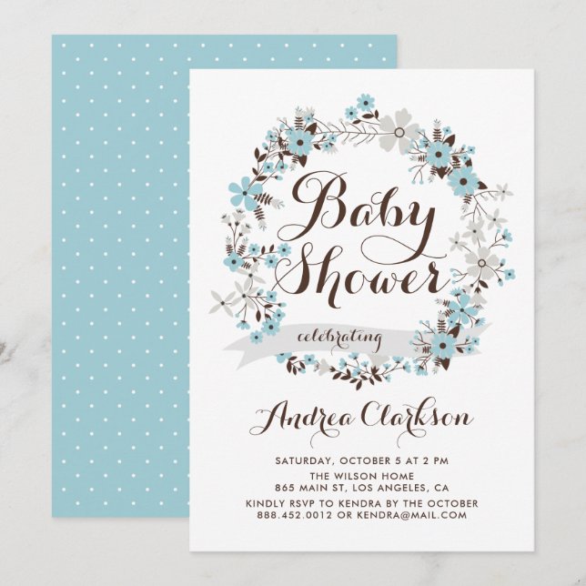 Pretty Blue and Gray Floral Wreath Baby Shower Invitation (Front/Back)
