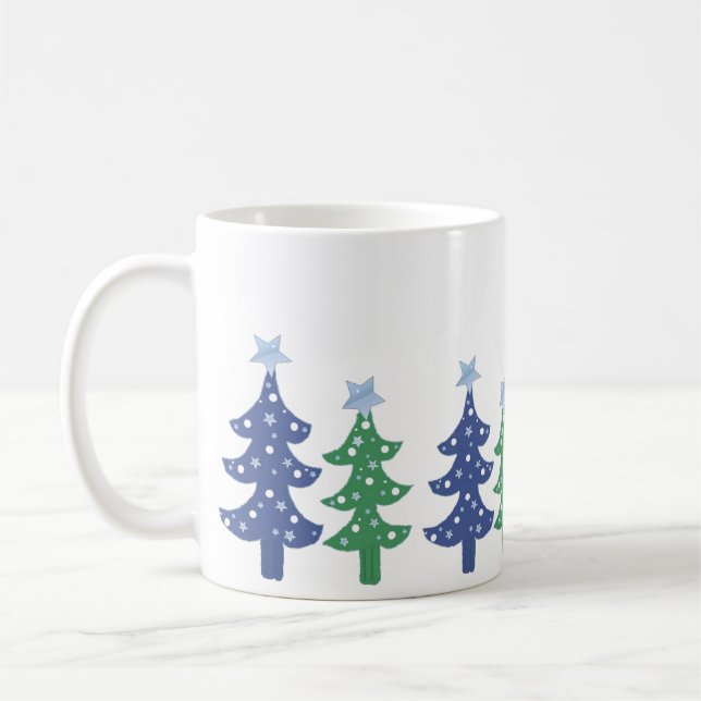 Pretty Blue and Green Christmas Trees Coffee Mug (Left)