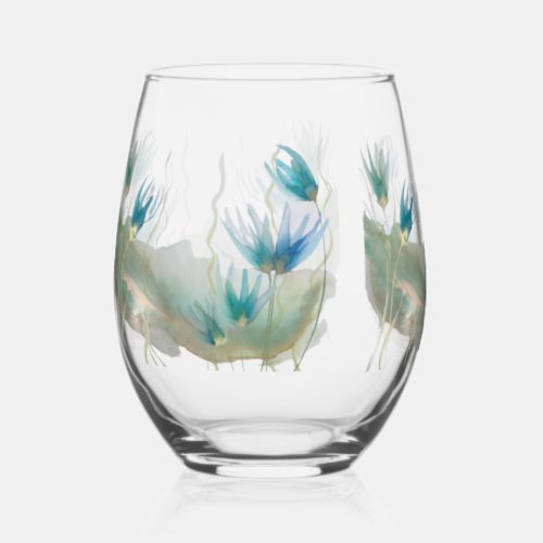 Pretty blue and green floral design for her stemless wine glass