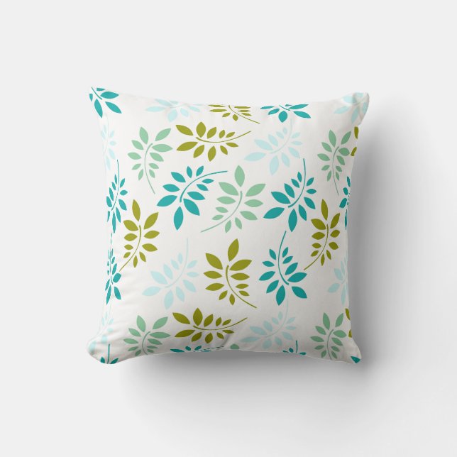 Pretty Blue And Green Leaf Pattern Throw Pillow (Front)