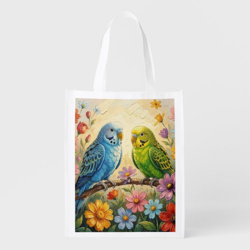 Pretty Blue and Green Parakeets Grocery Bag