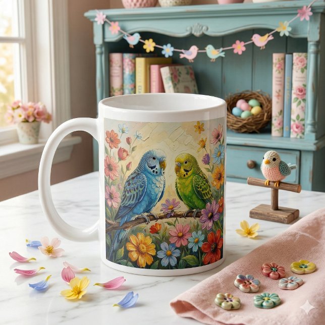 Pretty  Blue and Green Parakeets Personalized Coffee Mug (Creator Uploaded)