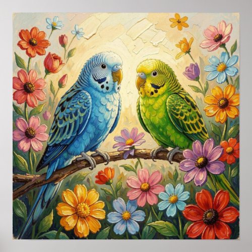 Pretty  Blue and Green Parakeets  Poster