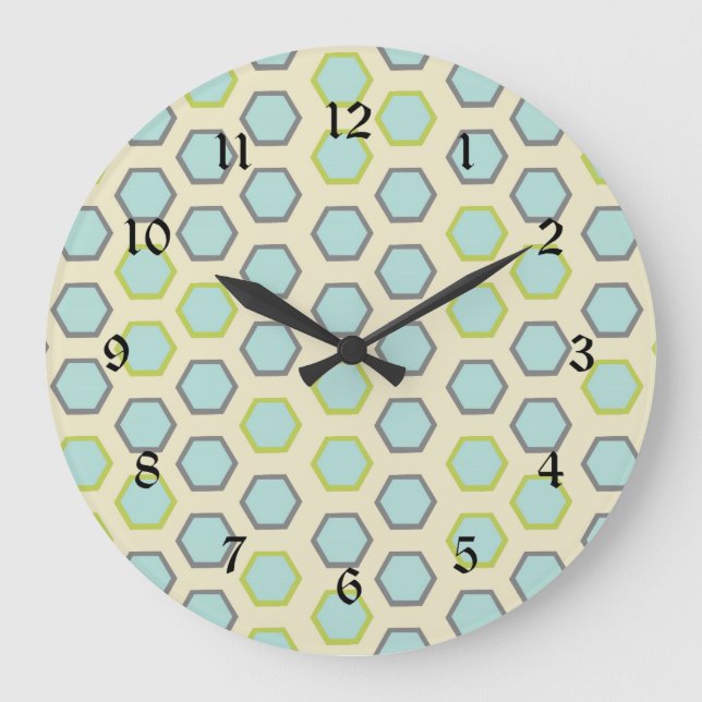 Pretty Blue and Lime Green Hexagon Tile Pattern Large Clock (Front)