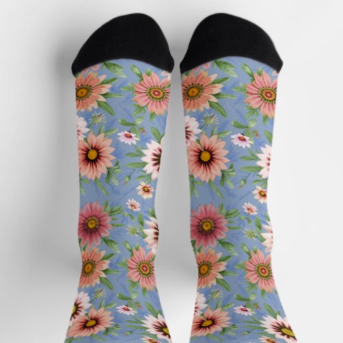 Pretty Blue and Pink Daisy Floral Print Socks