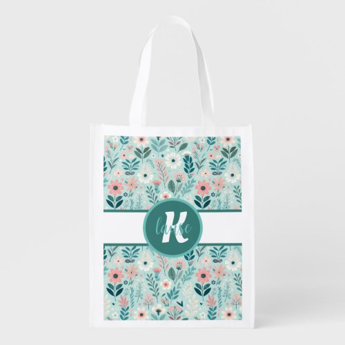 Pretty Blue and Pink Pastel Folk Art Flowers Grocery Bag