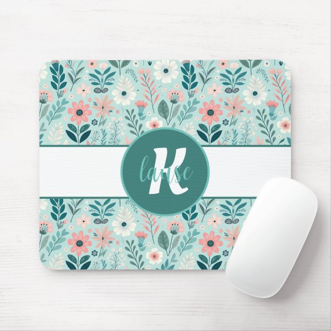 Pretty Blue and Pink Pastel Folk Art Flowers Mouse Pad (With Mouse)