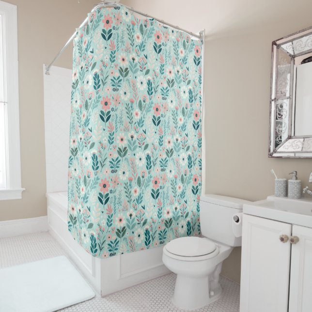 Pretty Blue and Pink Pastel Folk Art Flowers Shower Curtain (In Situ)
