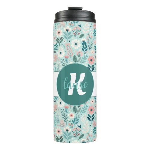 Pretty Blue and Pink Pastel Folk Art Flowers Thermal Tumbler