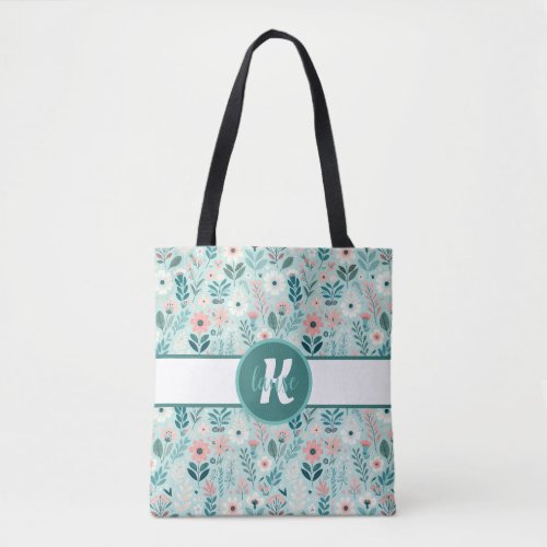 Pretty Blue and Pink Pastel Folk Art Flowers Tote Bag