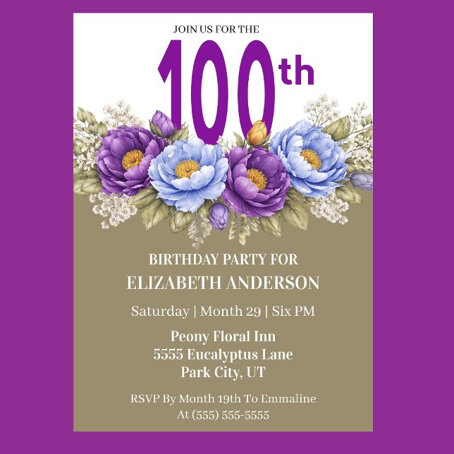 Pretty Blue and Purple Peony 100th Birthday Invitation (Elegant blue and purple peony floral 100th birthday invitation)
