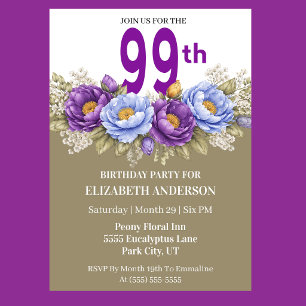 Pretty Blue and Purple Peony 99th Birthday Invitation