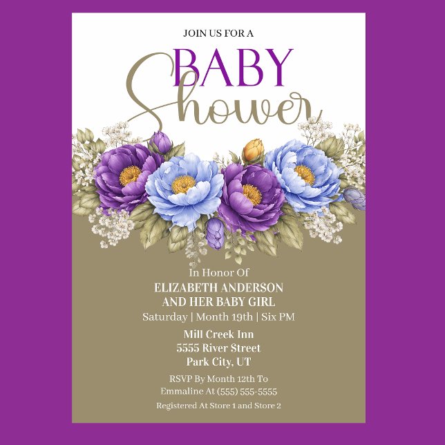 Pretty Blue and Purple Peony Girl Baby Shower Invitation (Elegant blue and purple peony floral baby shower invitation)