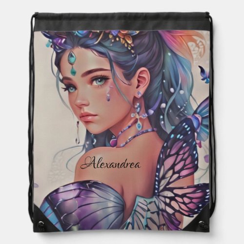 Pretty Blue and Purple Watercolor Butterfly Girl Drawstring Bag