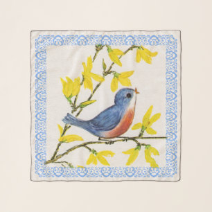 Pretty Blue and Red Bird on Branch Yellow Flowers Scarf