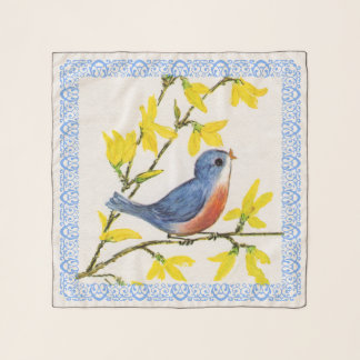 Pretty Blue and Red Bird on Branch Yellow Flowers Scarf