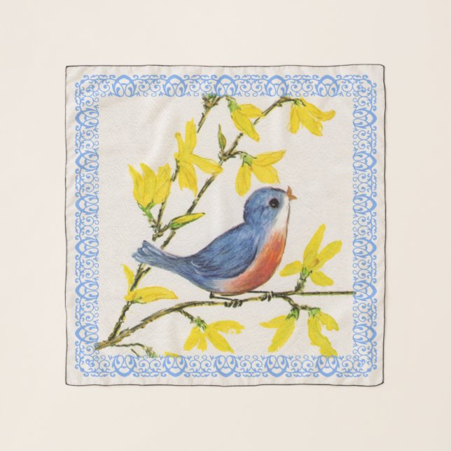 Pretty Blue and Red Bird on Branch Yellow Flowers Scarf (Front)