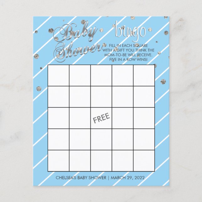Pretty Blue and Silver Baby Shower - Bingo Flyer (Front)