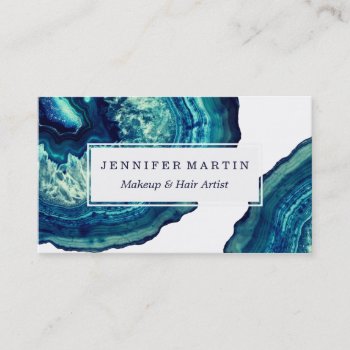 Pretty Blue And Teal Agate Geode Stone On Blue Business Card by BlackStrawberry_Co at Zazzle