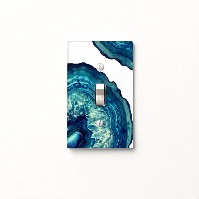 Pretty Blue and Teal Agate Geode Stone on Blue Light Switch Cover (In Situ)