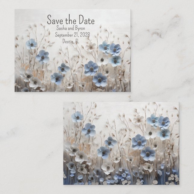 Pretty Blue and White 3D Flower Garden Wedding Note Card (Front/Back)