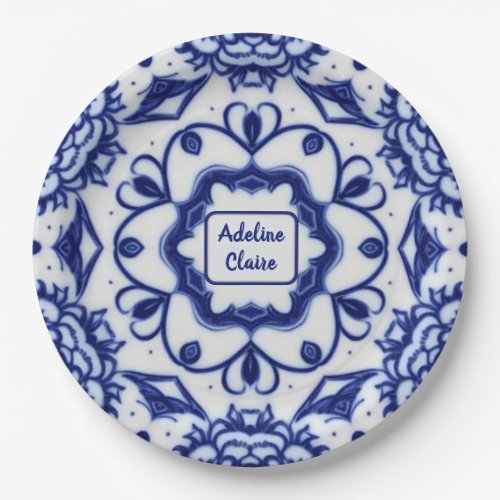 Pretty Blue and White Afternoon Tea _ Name  Text Paper Plates