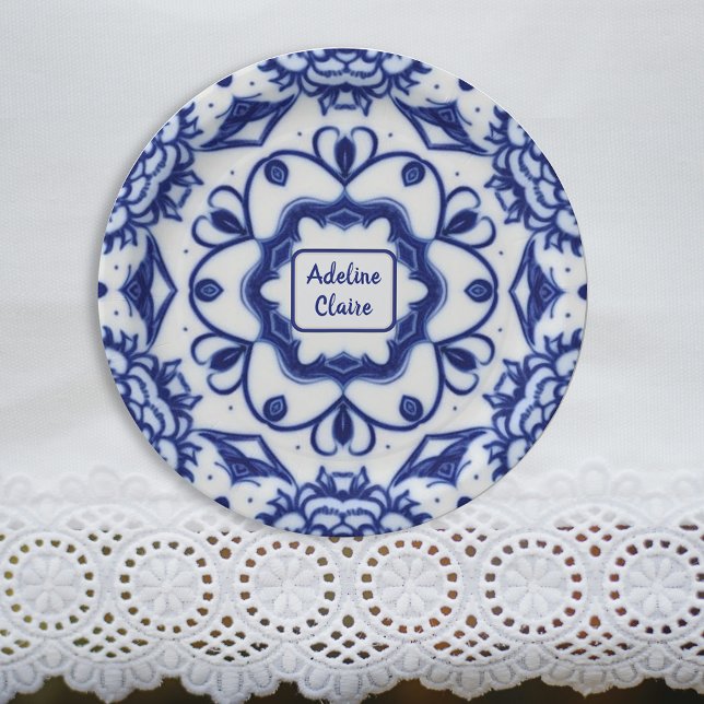 Pretty Blue and White Afternoon Tea - Name / Text Paper Plates (Creator Uploaded)