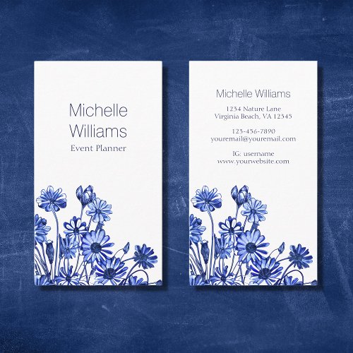 Pretty Blue and White Flower Sketch Business Card