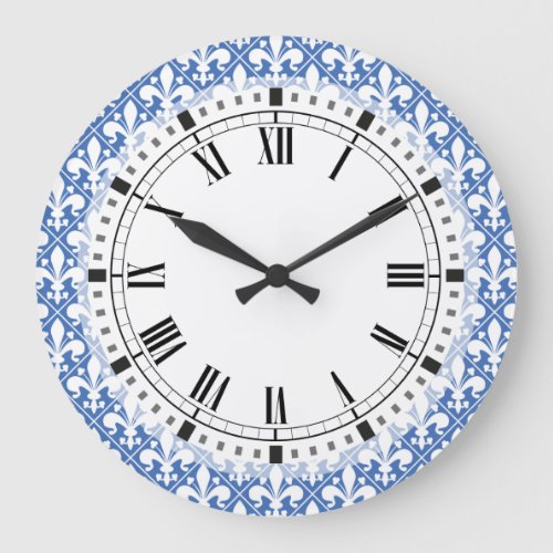 Pretty Blue and White French Fleur de Lys Large Clock
