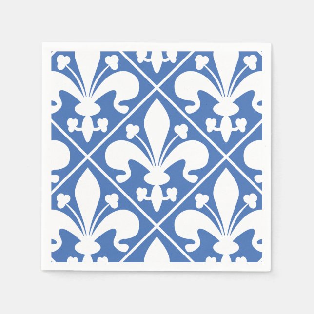Pretty Blue and White French Fleur de Lys Napkins (Front)