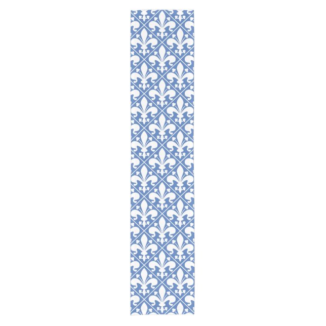 Pretty Blue and White French Fleur de Lys Short Table Runner (Front)