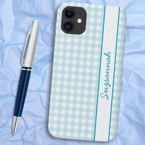 Pretty Blue and White Gingham Check Custom  iPhone 11 Case
