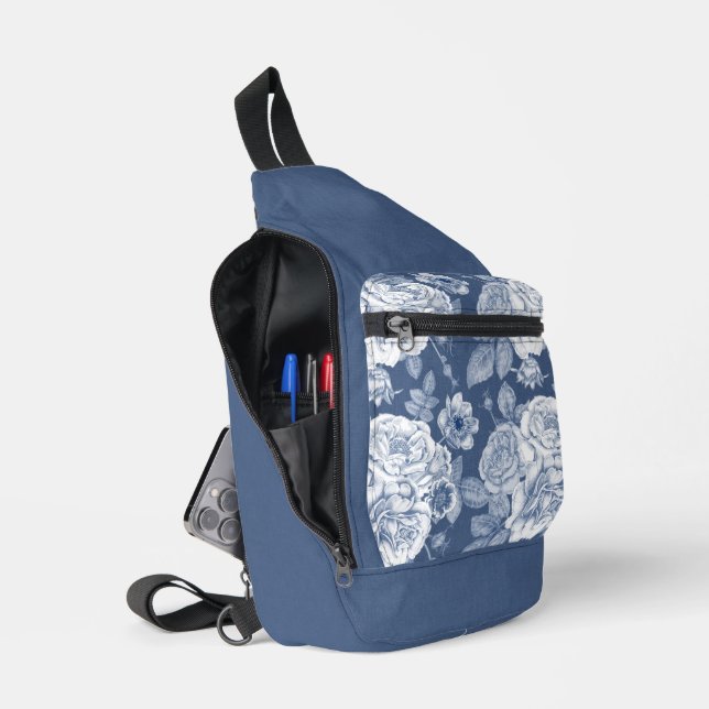 PRETTY BLUE AND WHITE HAND DRAWN FLOWERS SLING BAG (Open)