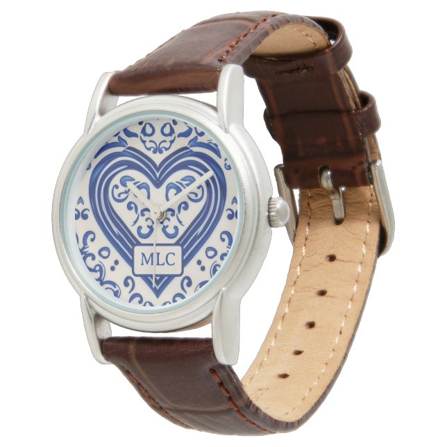 Pretty Blue and White Heart Pottery - own initials Watch (Angled)