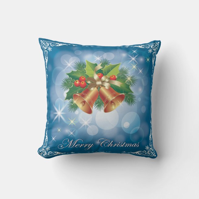 Pretty Blue and White Merry Christmas Square Throw Pillow (Front)