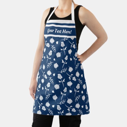 Pretty Blue and White Roses Rosebud Floral Print Apron