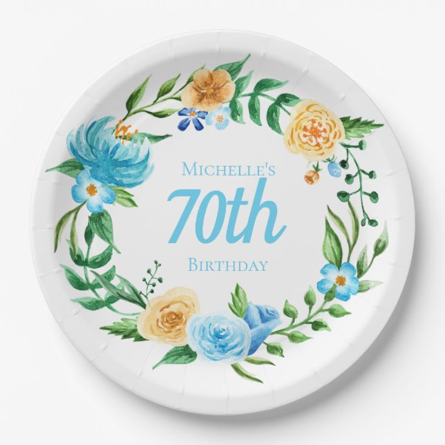 Pretty Blue and Yellow Floral 70th Birthday   Paper Plates (Front)