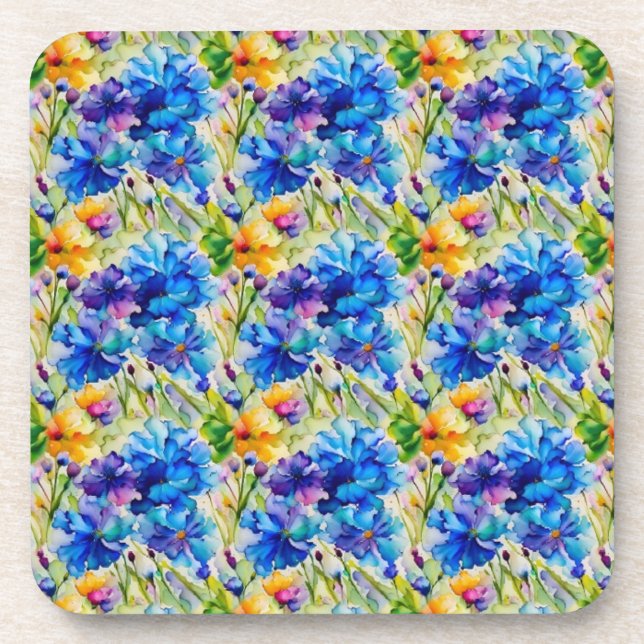 Pretty blue and yellow flower art on  beverage coaster (Front)